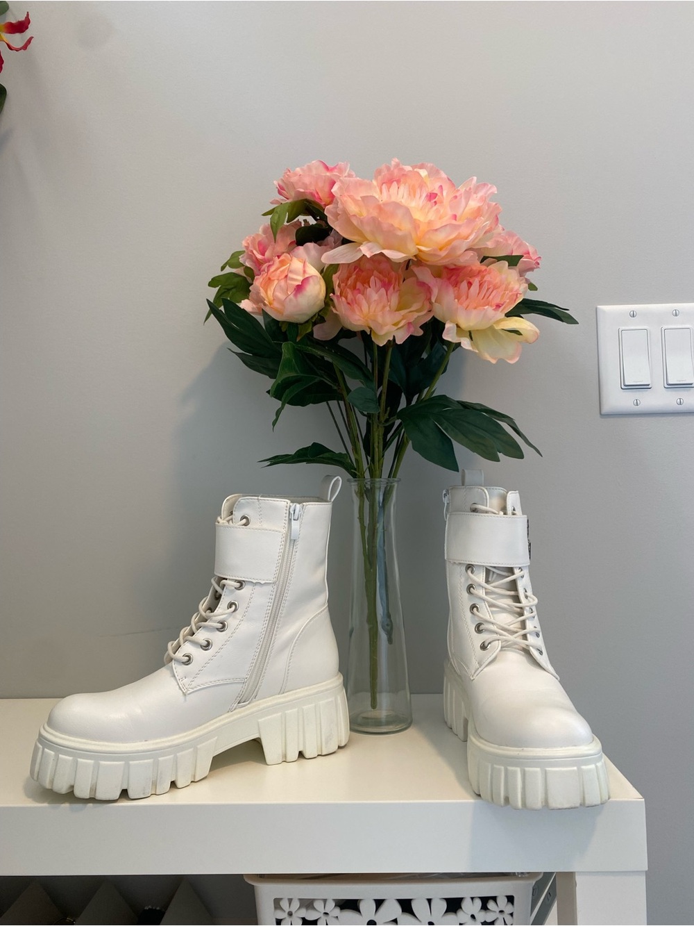 Fashion Nova White Chunky Platform Combat Booties